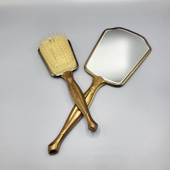 Vintage Vanity Mirror & Brush Set With Ornate Gold Finish Womens Dresser Set - Picture 7 of 10
